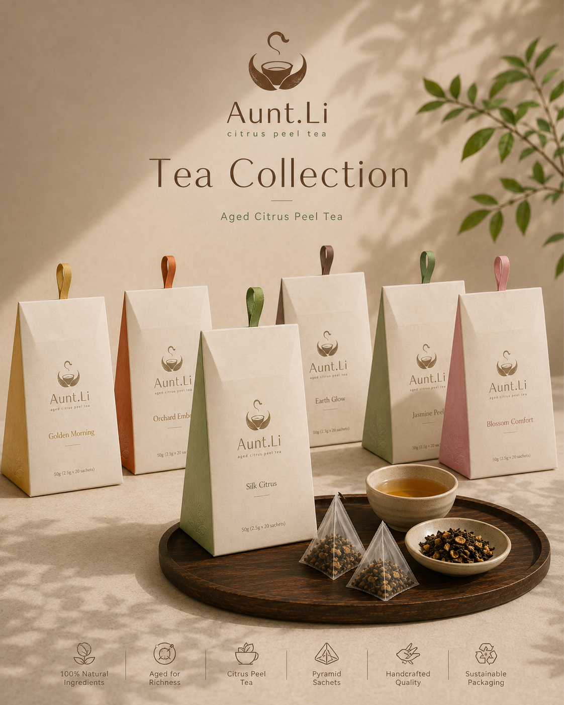 Aunt.Li aged citrus peel tea collection arranged as a complete product range.
