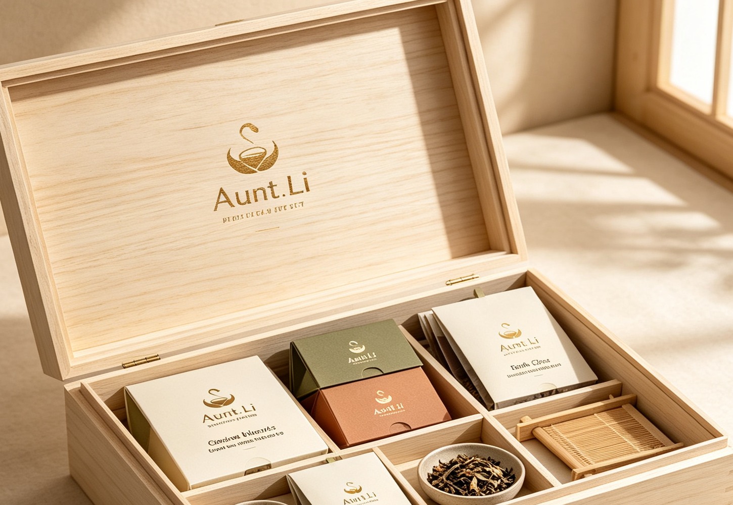 Aunt.Li wooden gift box with packaged citrus tea blends and tea tools.
