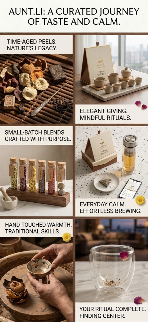 Aunt.Li curated journey of taste and calm with peel, gifting and brewing ritual scenes.