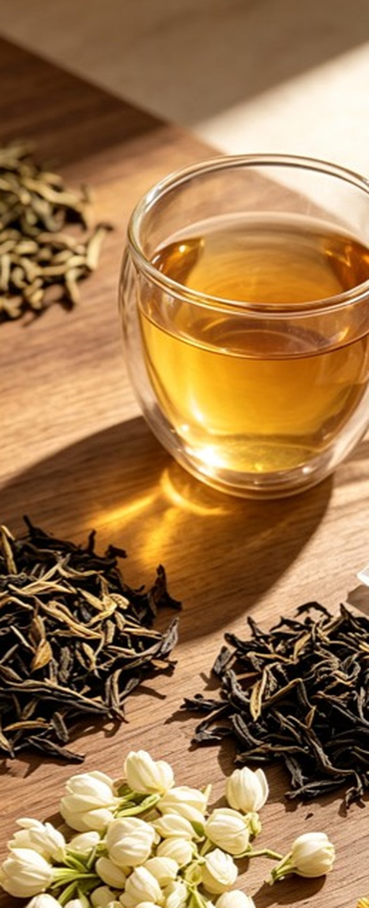 Brewed Aunt.Li tea with fine tea leaves in warm natural light.
