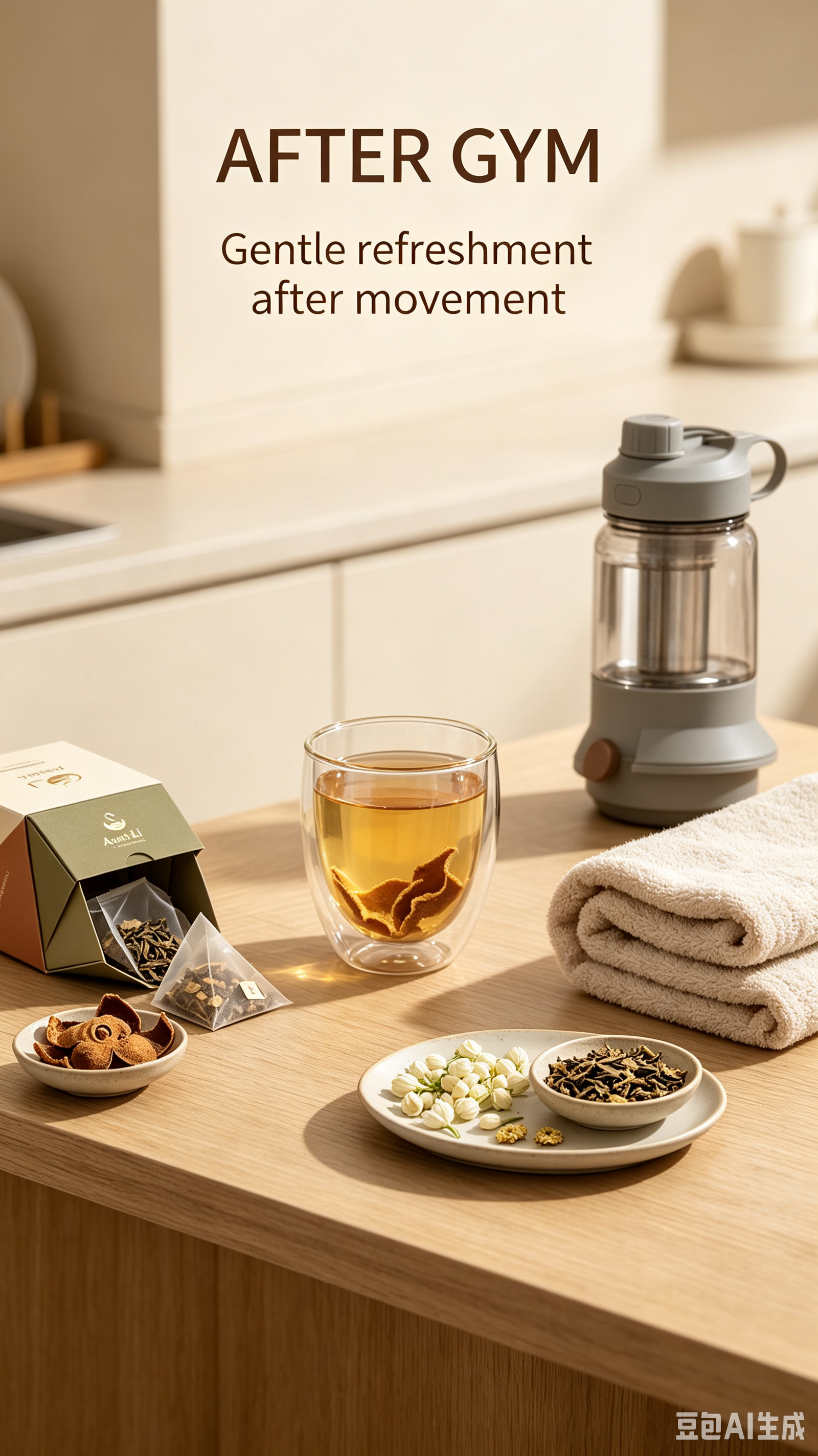 Aunt.Li after-gym tea refreshment with tea maker, towel and citrus peel.