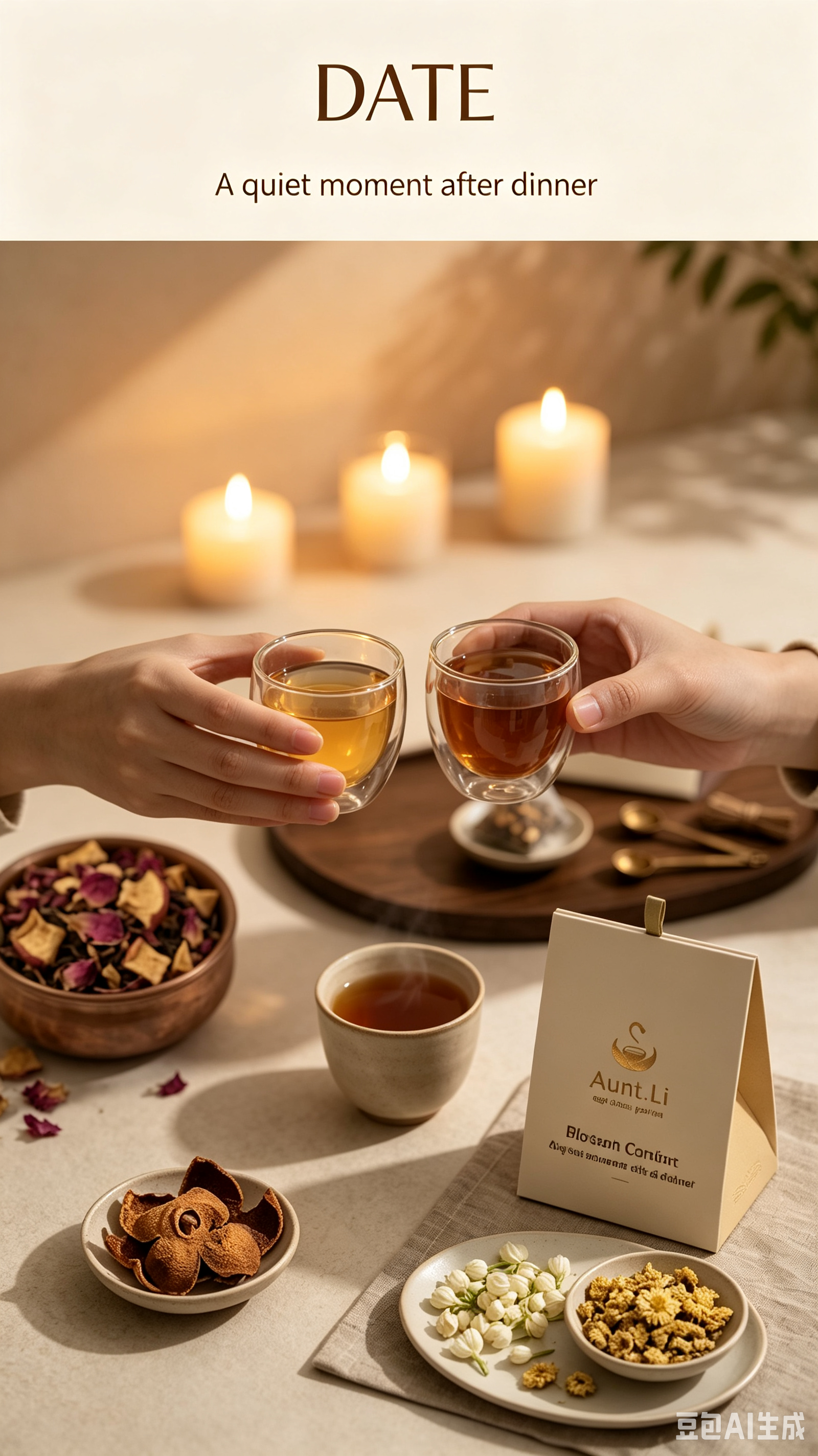 Aunt.Li date-night tea scene with two cups and candlelight.