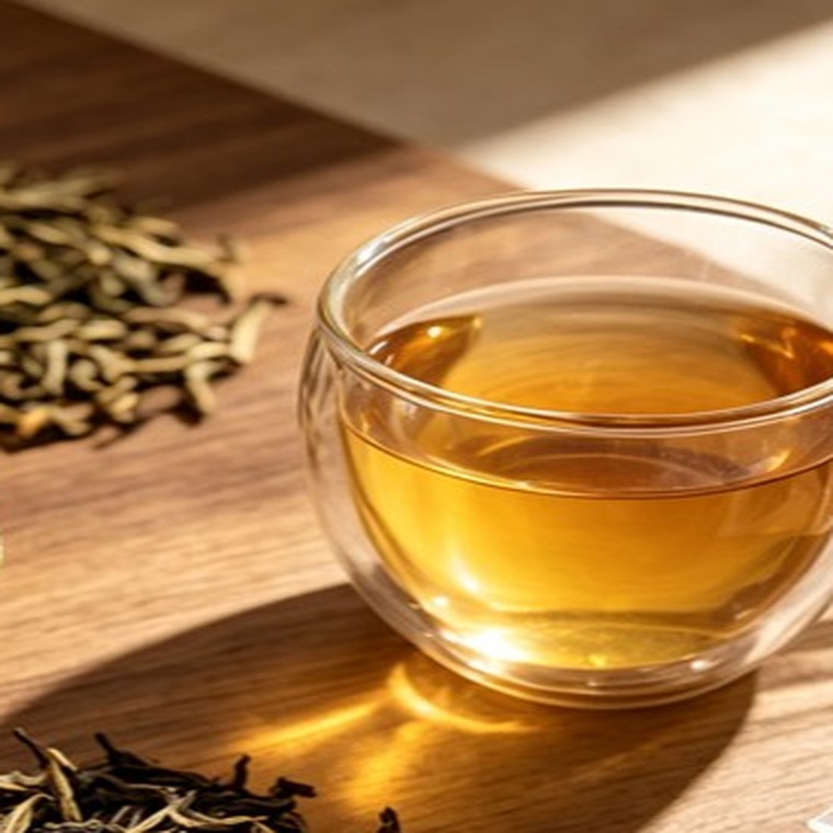 Aunt.Li daytime tea moment with brewed tea and tea leaves.