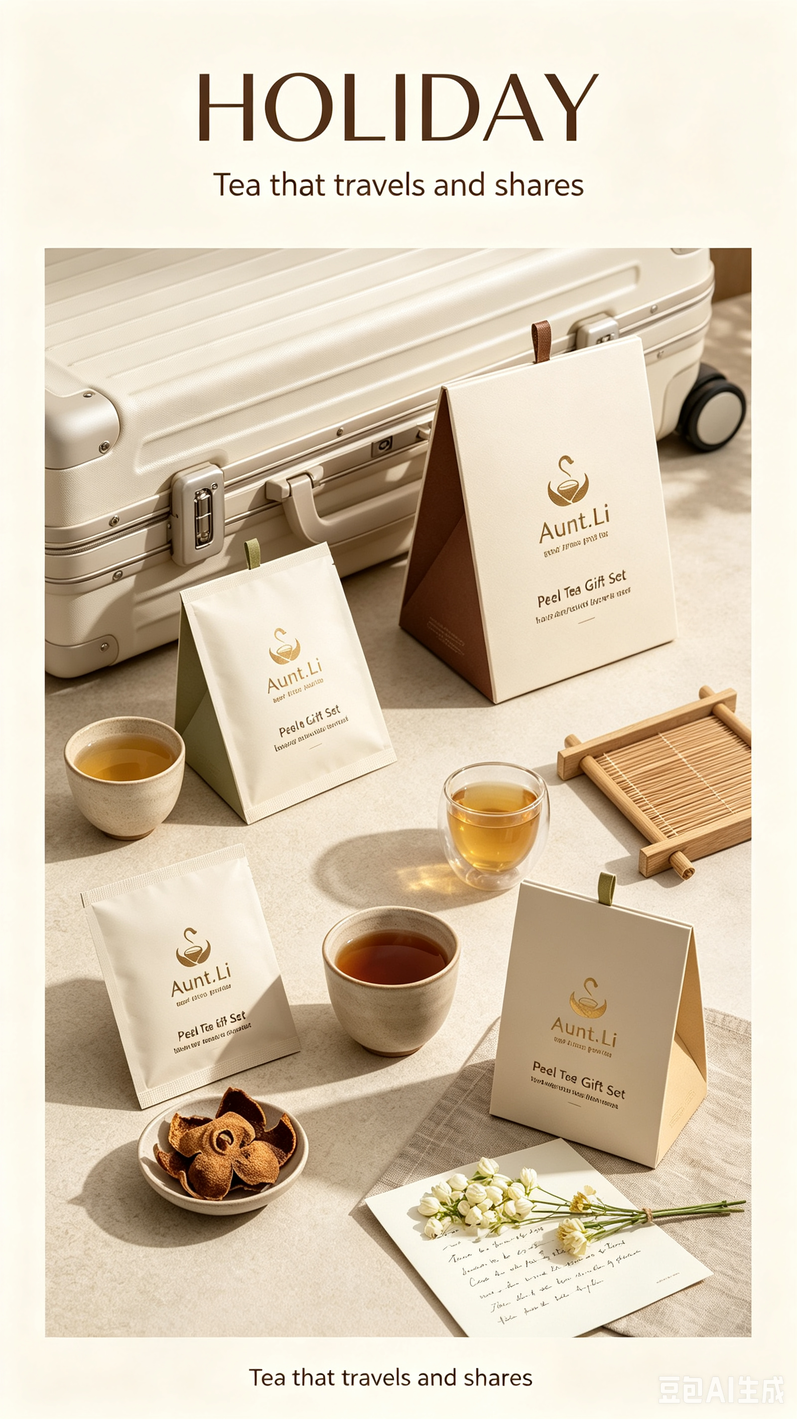 Aunt.Li holiday tea gift set with suitcase and travel-ready sachets.