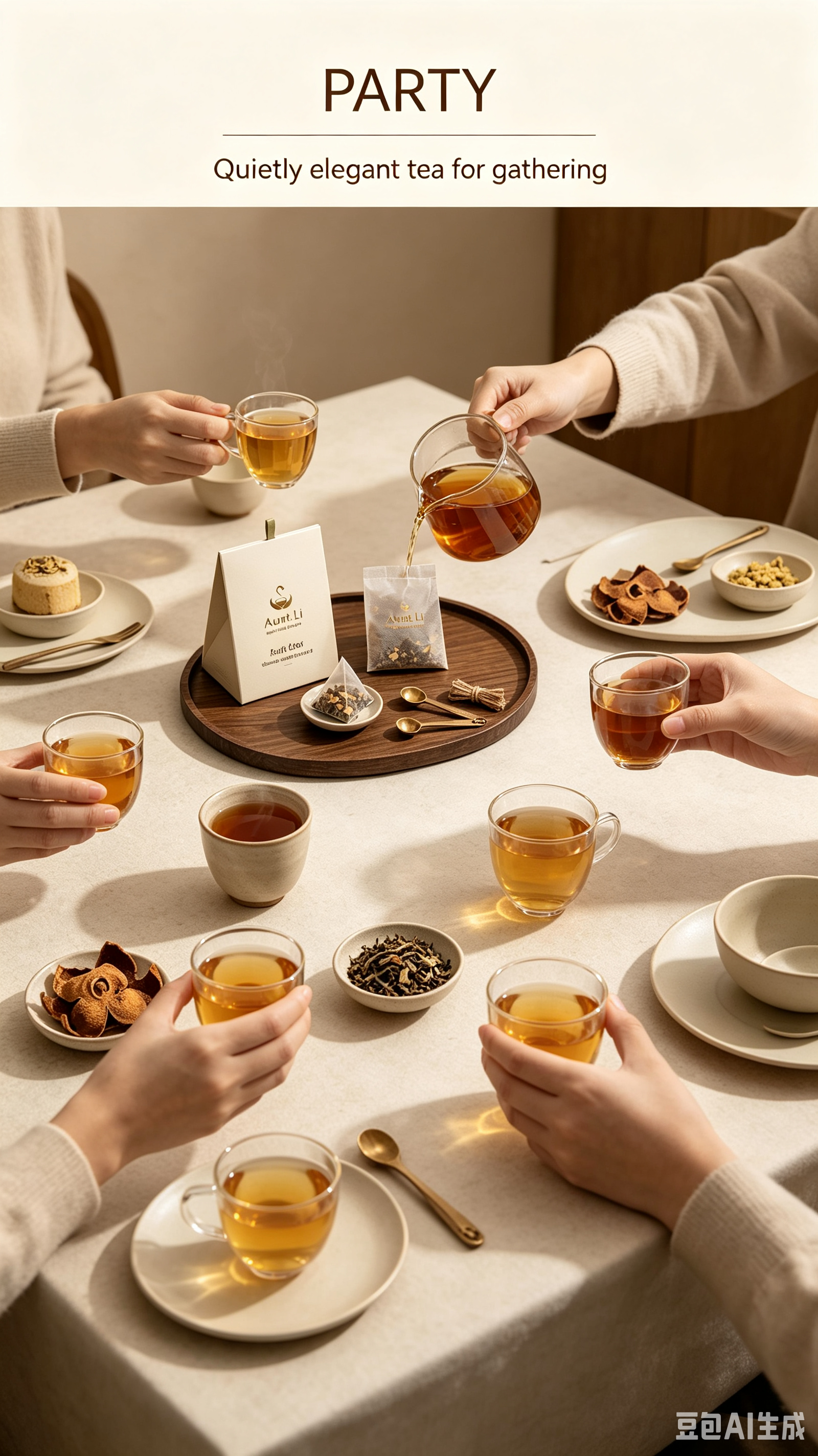 Aunt.Li tea gathering with multiple cups around a shared table.