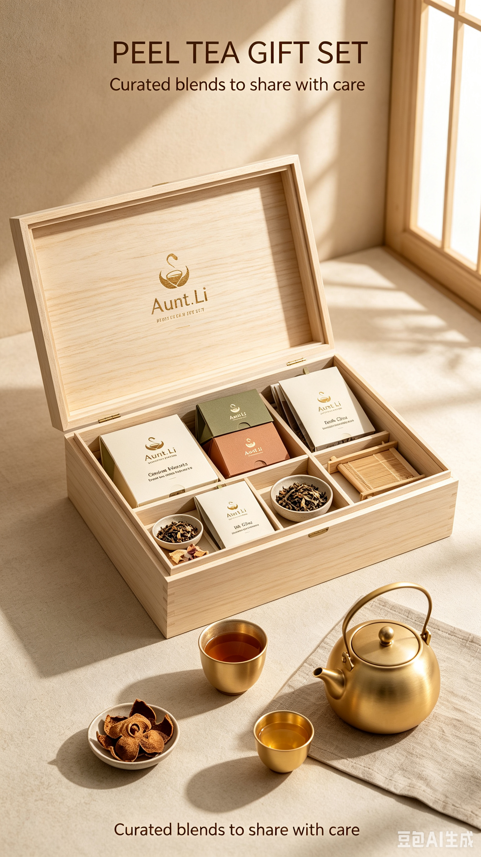 Peel Tea Gift Set in a wooden presentation box with citrus tea sachets and tea tools.