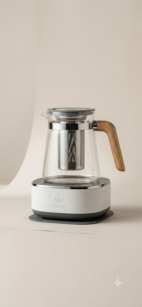 Aunt.Li tea maker with glass kettle and warm minimalist styling.