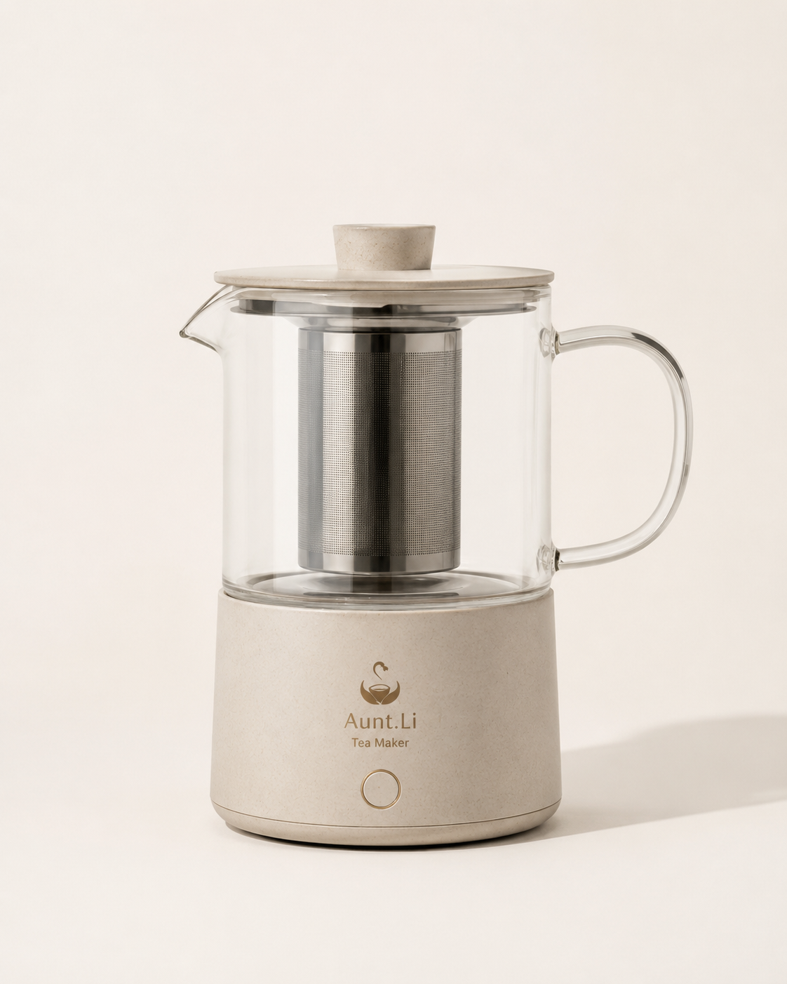 Aunt.Li Tea Maker glass kettle with ceramic base and integrated infuser.